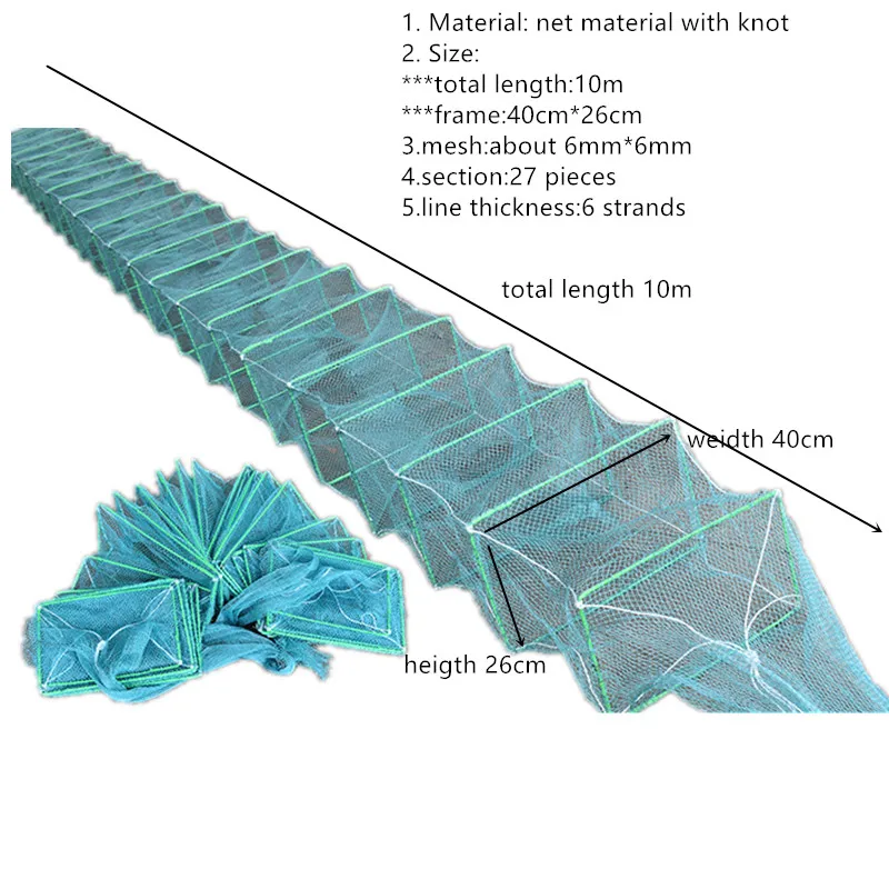 Jaula De pesca fuerte De 10m, Material anudado De 27 secciones, herramienta De pesca De camarón, productos De pesca al aire libre, Red De pescado - imagen 2