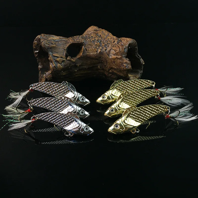 Señuelo de pesca VIB completamente metálico, cebo de vibración que se hunde, con pluma, gancho triple, 8g/12g/18g, 1 pieza, venta - imagen 3