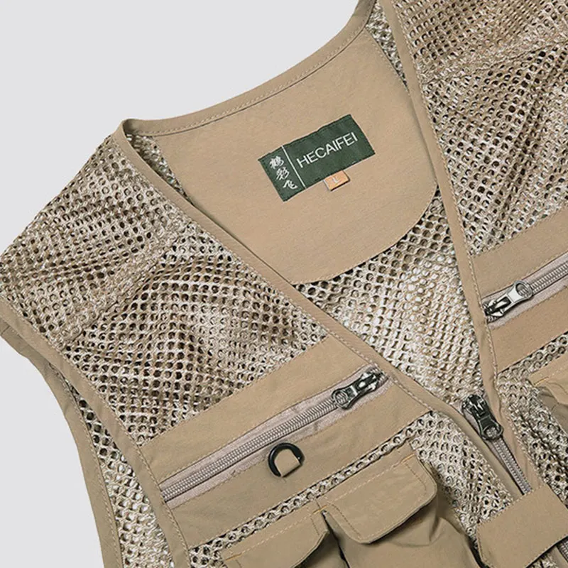 Chaleco de pesca verde militar para hombre, chaqueta sin mangas multiusos con múltiples bolsillos, de malla, color caqui, XA78G - imagen 3