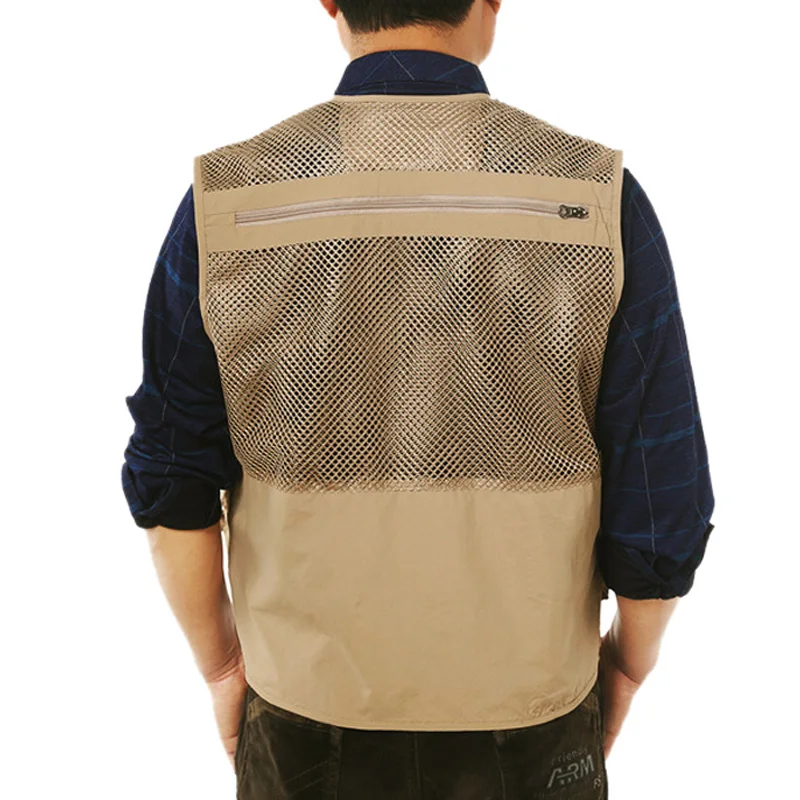 Chaleco de pesca verde militar para hombre, chaqueta sin mangas multiusos con múltiples bolsillos, de malla, color caqui, XA78G - imagen 2