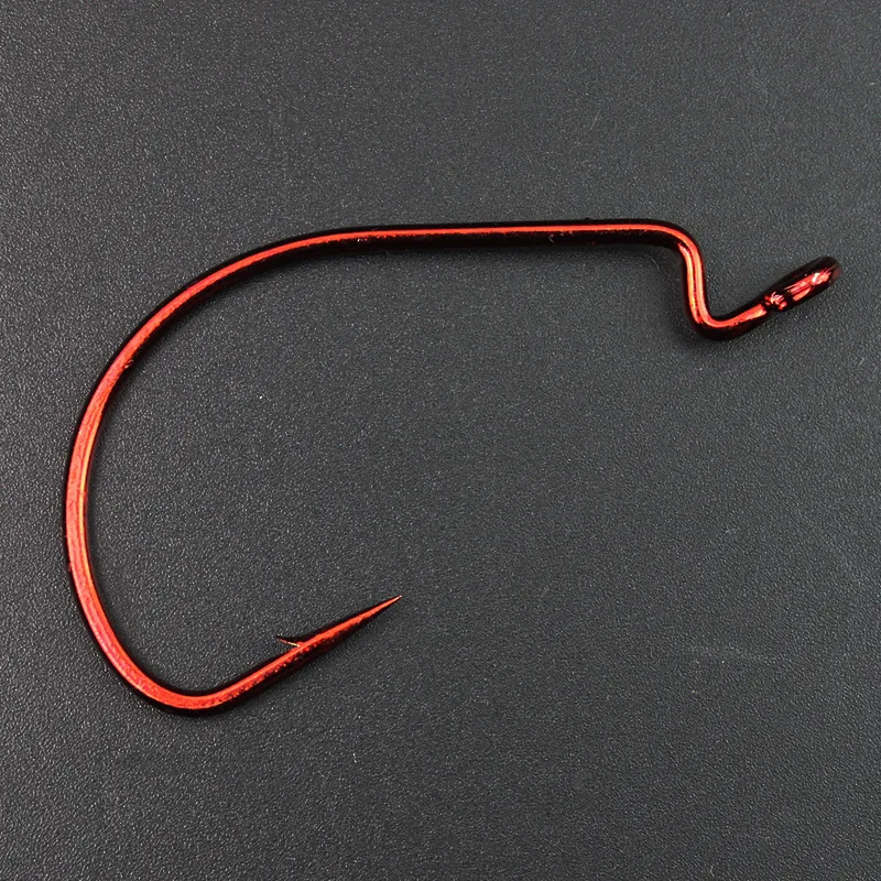 MNFT-anzuelo de pesca de Color rojo sangriento, gancho de gusano Offset, manivela de vientre ancho para lubina, cebo blando, piezas del grupo Texas, 100 unidades por lote - imagen 3