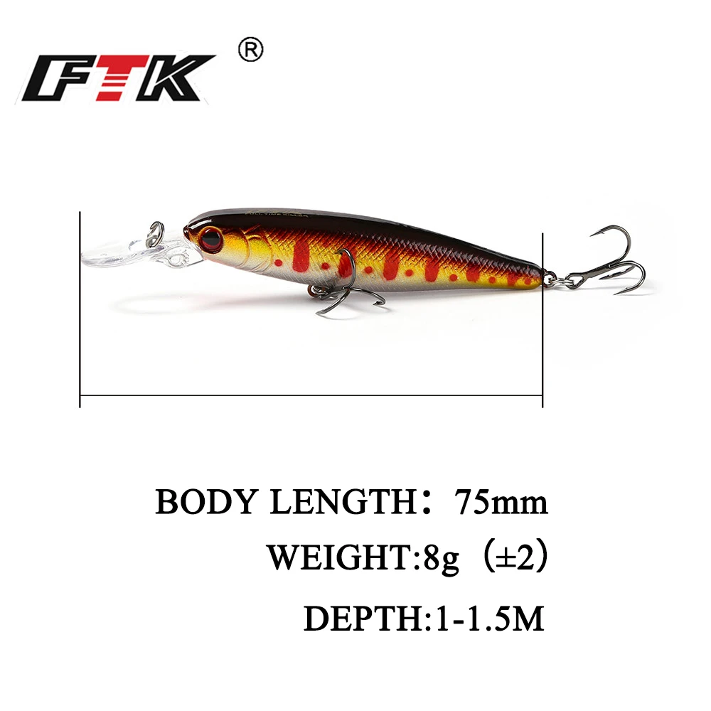 FTK-señuelo de pesca de pececillos, cebo Artificial duro, ojos 3D, hundimiento, lubina con anzuelos triples, Wobblers, Lucio, 75mm, 8g - imagen 4