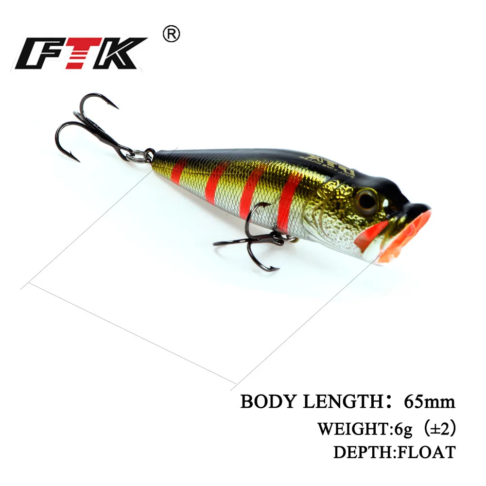 FTK 65mm 6g Popper señuelo de pesca Swimbait Topwater flotante Wobblers ojos 3D cebo Artificial duro aparejos de pesca de lubina - imagen 3