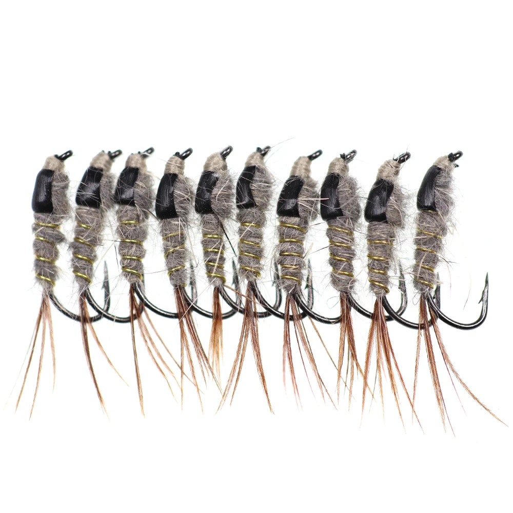 Bimoo-anzuelos de pesca con mosca, 10 unidades, n. ° 12, color gris, cola marrón, cola de liebre, ninfa, púas - imagen 5