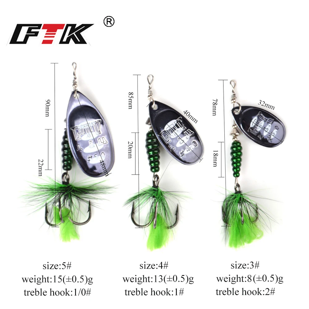 FTK-señuelo de pesca de Metal, 1 unidad, 8,5g, 13g, 15g, cuchara, Spinner, cebo duro para lubina con anzuelos triples de plumas, aparejos de pesca para Lucio - imagen 3