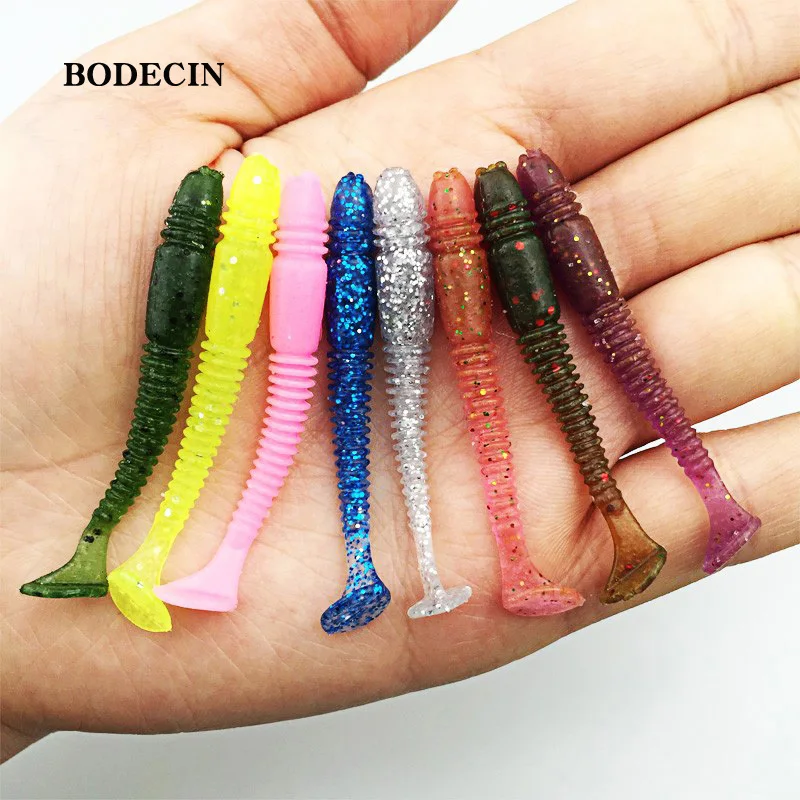 16pcs Fishing Takcle Lure Worms Artificial Soft Baits with salt smell T Tail lures 50mm 1g Grubs Maggot Plastic Jig Head Texas (8)