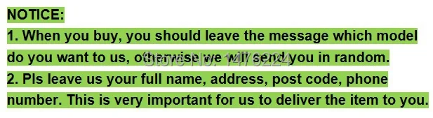 Deje su dirección de nombre completa, código de postal, número de teléfono y mensaje al comprar para garantizar una entrega sin problemas