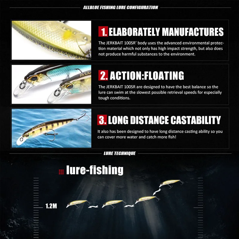 ALLBLUE-señuelo de pesca profesional JERKBAIT 100SR, anzuelos MUSTAD de 100mm, 14,1g, flotante, Wobbler, Minnow, 0,8-1,2 m - imagen 4