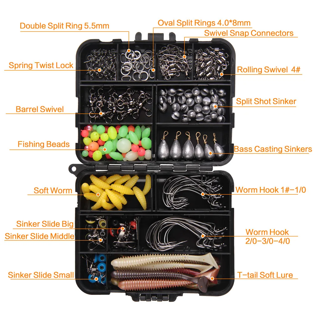 Kit de caja de aparejos de pesca, 211 piezas, incluye pesas de plomo de pesca, anzuelo, señuelo grub, anzuelos giratorios para accesorios de pesca - imagen 5