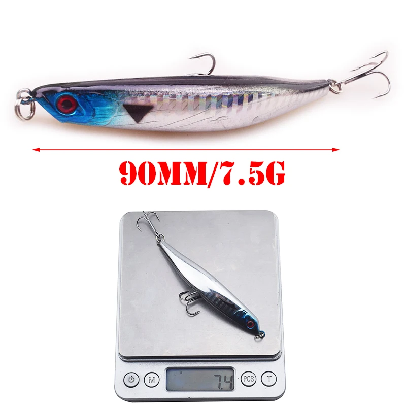 Cebo Wobbler flotante de 90mm y 8g, señuelo de pesca con lápiz Topwater, superficie doblada, aparejos de pesca teñidos, cebos duros artificiales japoneses, 1 Uds.