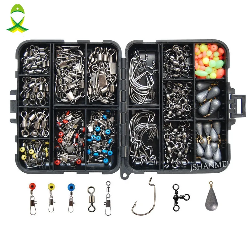 JSM-Accesorios para pesca, kit elementos para pescar, anzuelos, pesas, ganchos, aparejos, 160 piezas por caja