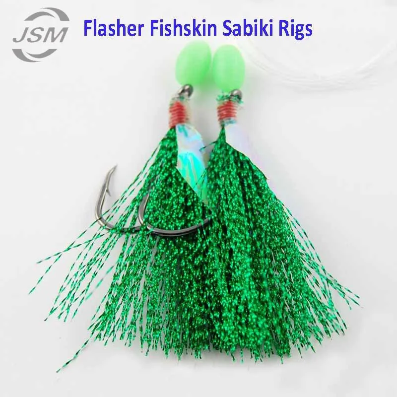 JSM-1 paquete de anzuelos de pesca de agua salada con línea de alambre verde brillante, 2 anzuelos de cebo intermitente, cuentas luminosas, cebo de piel de pescado - imagen 3
