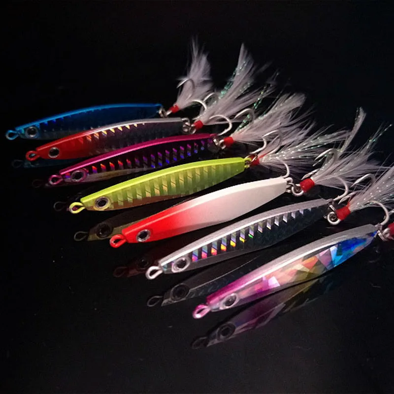 1 Uds 10g 14g 17g 21g señuelo cuchara de pesca 7 colores Iscas artificiales plantilla de Metal señuelo rebanada Jigbait cuchara anzuelo triple señuelo de Jigging