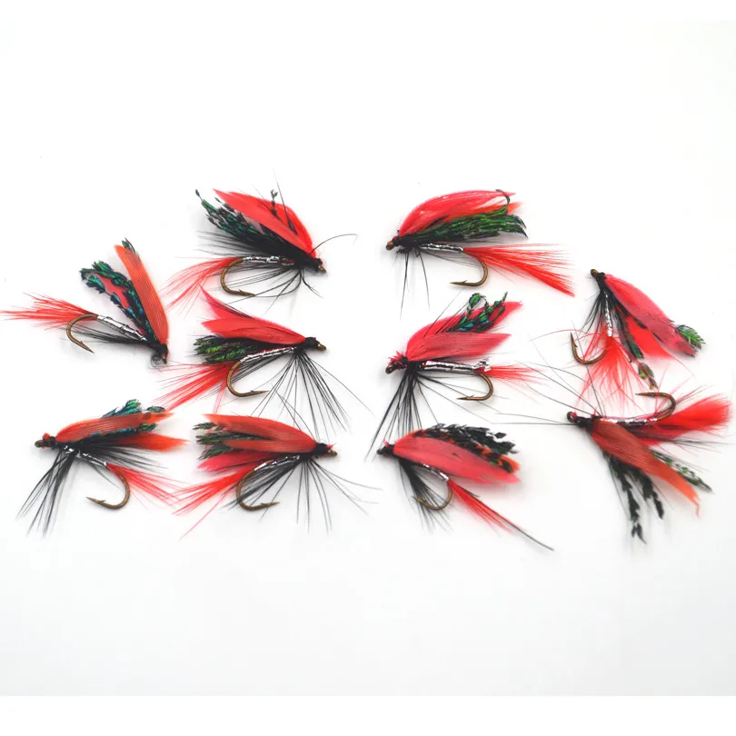 MNFT-señuelo de pluma roja para pesca con mosca, cebo Artificial para pesca con mosca, gancho seco, 10 # - imagen 3