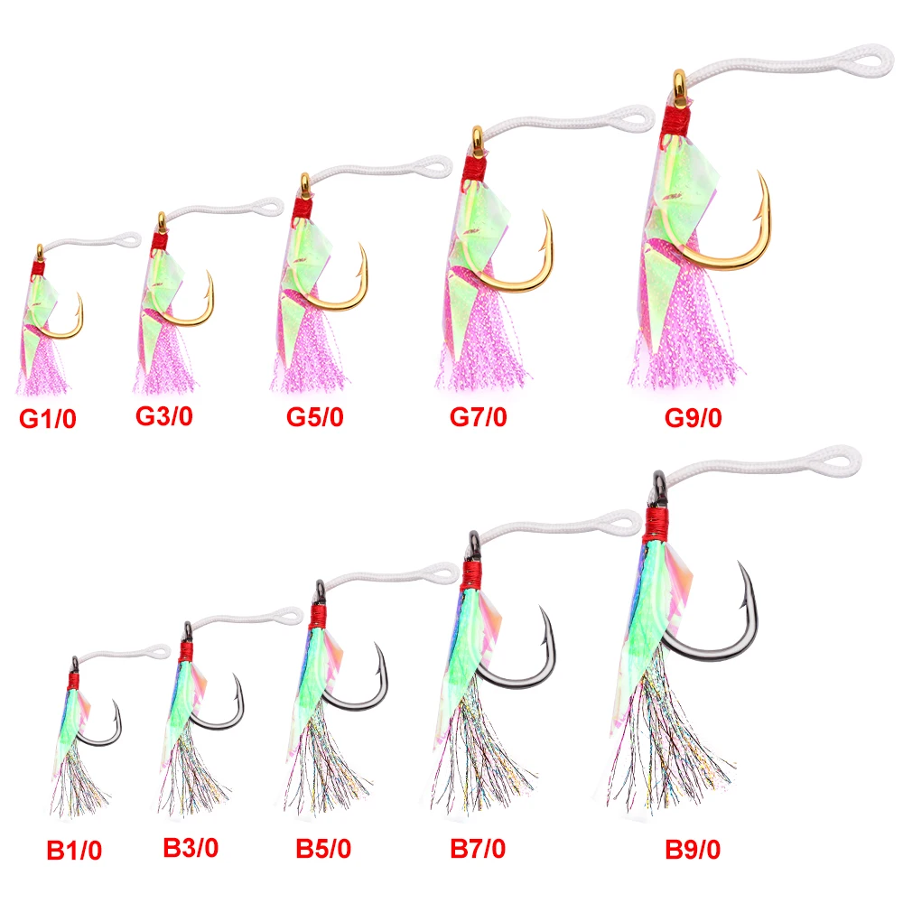 Anzuelos de pesca de agua salada con pluma rosa, anzuelos de JIGGING dorados y negros de acero inoxidable, 2 colores, 1/0-9/0, 20 unids/lote - imagen 5