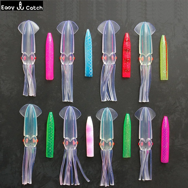 Señuelos de Pesca de calamar, cebos de plástico de PVC suave de colores mezclados, para agua salada, faldas de calamar artificiales luminosas grandes, 12 piezas, 12cm - imagen 2