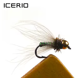 ICERIO-Cabeza de cuentas de latón verde y negro, Señuelos de pesca con mosca, ninfa, trucha, #14, 8 Uds.