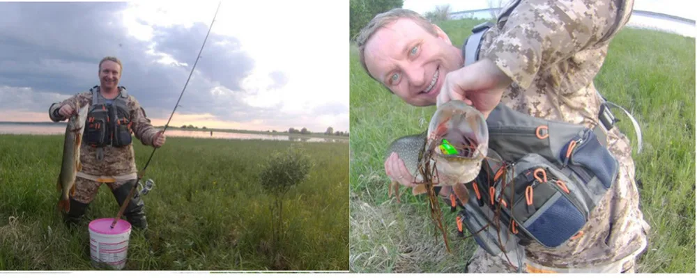 Dos fotografías separadas de una persona dedicada a actividades pesqueras. A la izquierda, la persona está parada en una zona de césped cerca de una masa de agua, sosteniendo una caña de pescar con un pez atado al hilo.