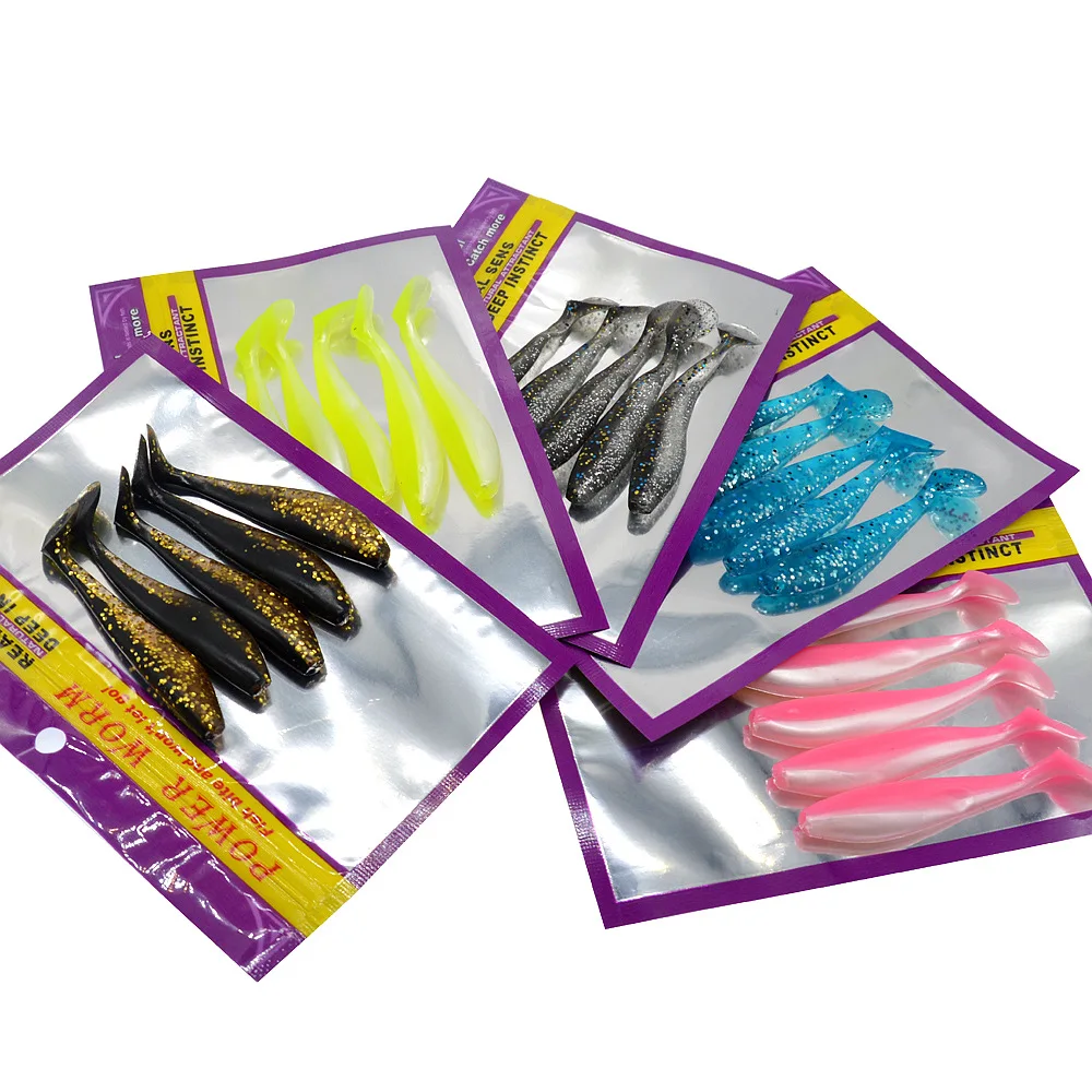 Señuelo de pesca con cebo suave de doble Color, 8,5 cm/4,5g, señuelos artificiales de gusano de cola en T individual, bolsa de 5 piezas - imagen 3