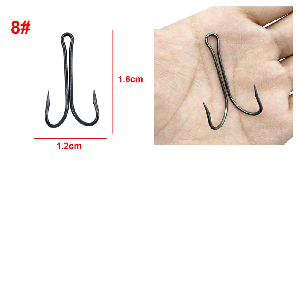 Anzuelos de pesca dobles de acero con alto contenido de carbono, Kit de anzuelos de pesca negros, anzuelo doble para anzuelo de lubina, 100 unids/lote por caja - imagen 3