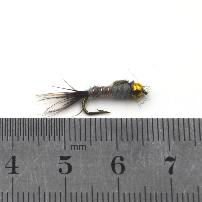 MNFT-cebos de pesca con mosca, 10 piezas, 12 #, cabeza de cuenta dorada, oreja de liebre gris, cola negra, ninfa, Mosca, trucha - imagen 3