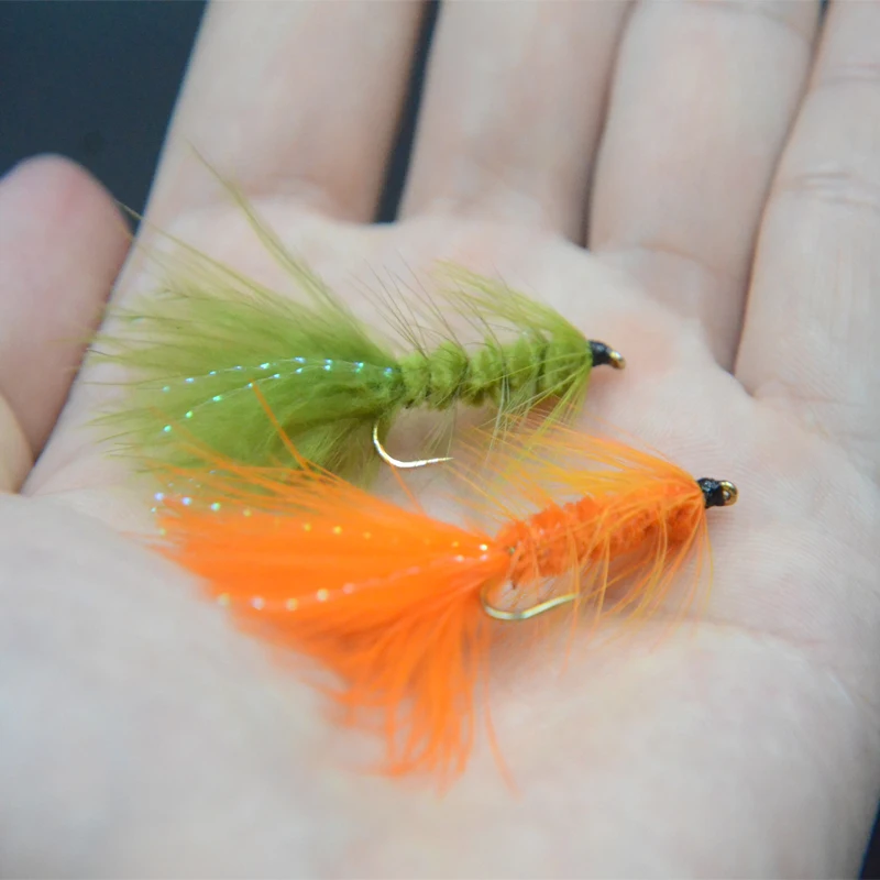 CONTEMPLADOR 10 #   4 Uds. De serpentinas de Bugger de lana, Señuelos de pesca con mosca, 2 colores, pluma de marabú, agua salada/agua dulce, atado de moscas, cebo de trucha