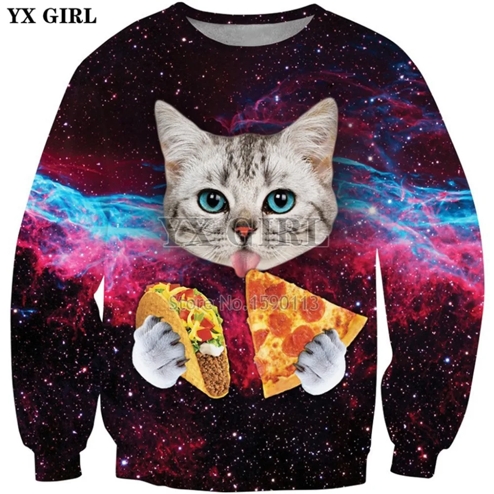YX GIRL Galaxy Space sudaderas con capucha 2018 moda hombres/mujeres ropa de abrigo de manga larga Animal gato come pizza estampado 3d novedad sudaderas