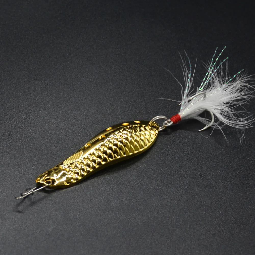 Señuelo tipo cuchara de pesca, cocodrilo Artificial, 5g/7g/10g/15g, cucharas, señuelos de Metal, cebo duro, ranura en sangre, anzuelos de plumas triples, lote de 2 piezas - imagen 3