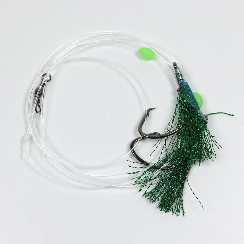 2 bolsas de cebo Flash de piel de pescado, aparejos Sabiki con anzuelos, pesca en el mar, aparejos de cebo intermitentes rosa, verde y rojo con arenque giratorio de barril - imagen 3