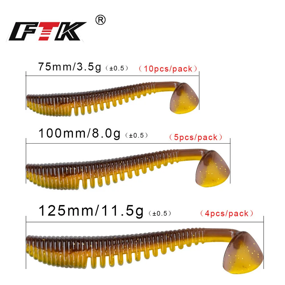 FTK-señuelo de pesca de silicona suave, cebo Artificial de gusano, sábalo, para lubina, olor, 75mm, 100mm, 125mm, 4-10 piezas - imagen 3