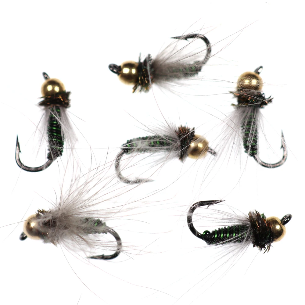 Bimoo-Cabeza de cuentas de latón n. ° 14 para pesca con mosca de Nymph, Caddis, cabeza de cuentas verdes metálicas, 6 uds. - imagen 4