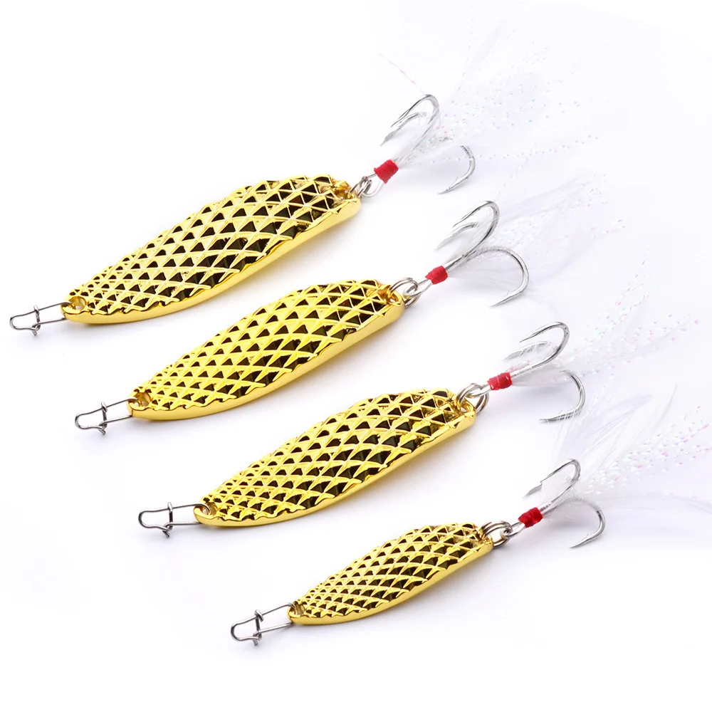 Señuelos de pesca con cuchara giratoria de Metal, cebo Artificial dorado y plateado con anzuelo triple de plumas, trucha, Lucio, lubina, 7g, 10g, 15g, 1 Uds. - imagen 5
