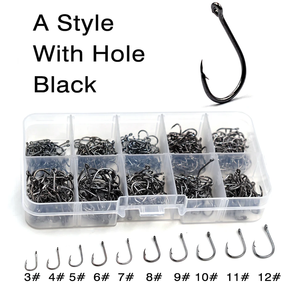 MNFT 500 Uds anzuelos de pesca de acero rico en carbono anzuelo de tamaño mixto # Gancho de cebo para Jigging, caja de 3 ~ 12 con púas doradas y negras con ganchos para agujeros - imagen 3