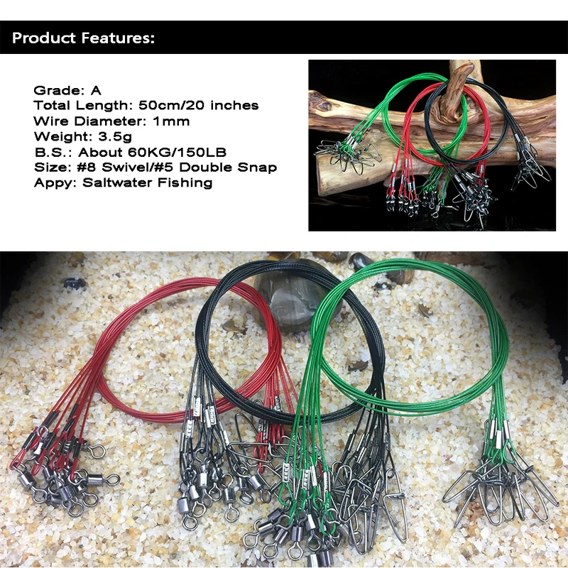 Bimoo-10 piezas de alambre grueso, 50cm x 1mm, 150LB, líder de pesca de acero, traza de pesca de agua salada, anzuelo, anzuelo - imagen 2