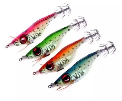 Señuelos de pesca de camarones de madera, anzuelos de plantilla de calamar, 9,5g, cebo giratorio Artificial de ojo grande, 1 pieza, venta - imagen 4