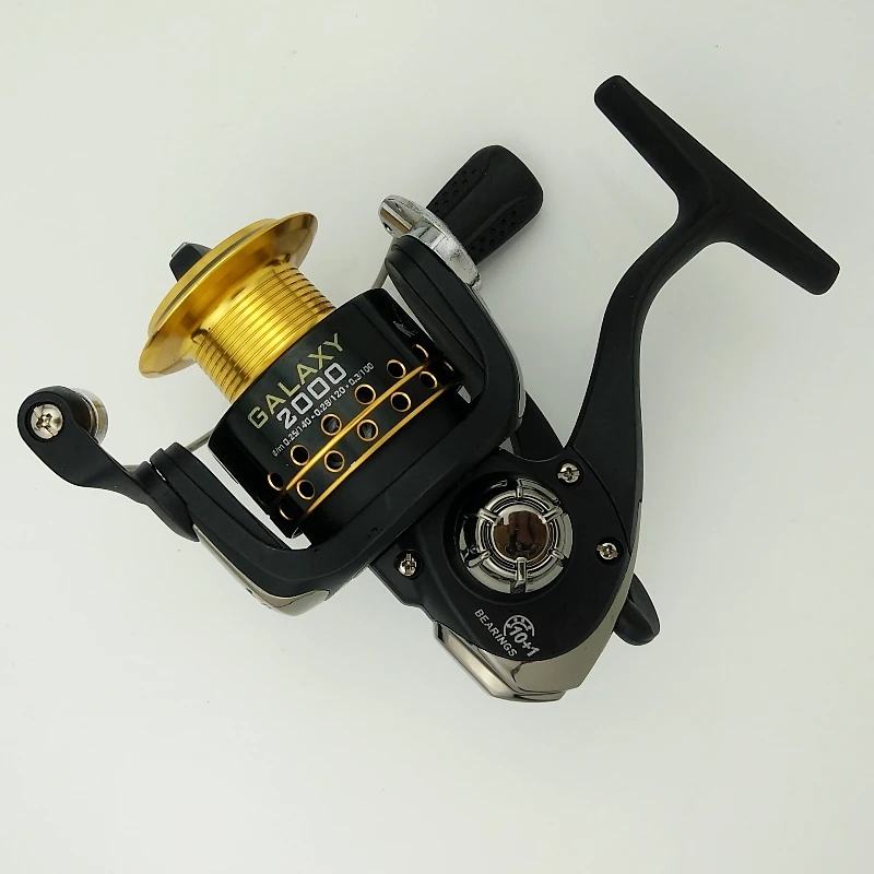 Carrete de pesca giratorio Galaxy 2000 de alta calidad, rodamiento de bolas de metal, 10 + 1, relación de engranaje 5,2: 1, reell rápido negro