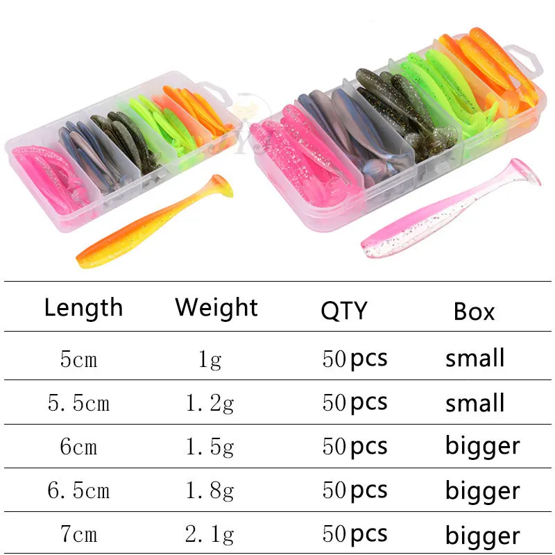 Paquete de caja JYJ 50 Uds 5cm 5,5 cm 6cm 7cm cebos de cola de paleta de cola en T suave, isca artificial pesca wobbler bass minnow señuelo de sílice - imagen 3
