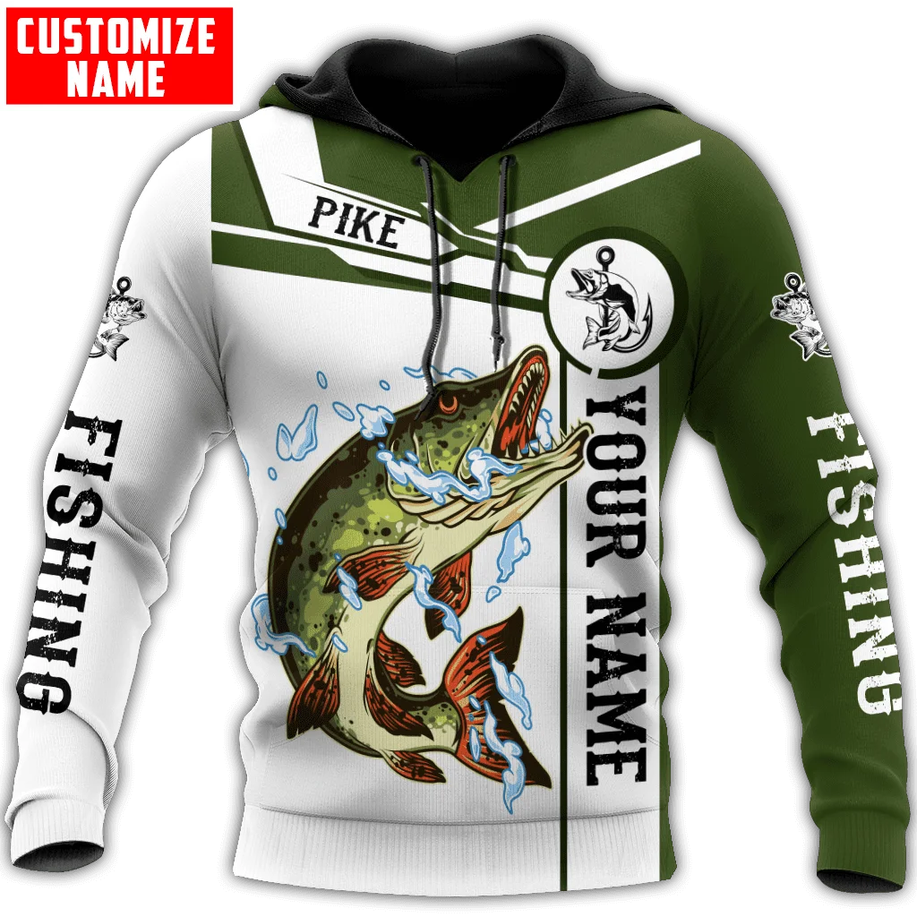Sudadera con capucha y sudadera para hombre con estampado 3D de Pike Fishing con nombre personalizado, sudaderas con cremallera Unisex de otoño, ropa de calle informal KJ825