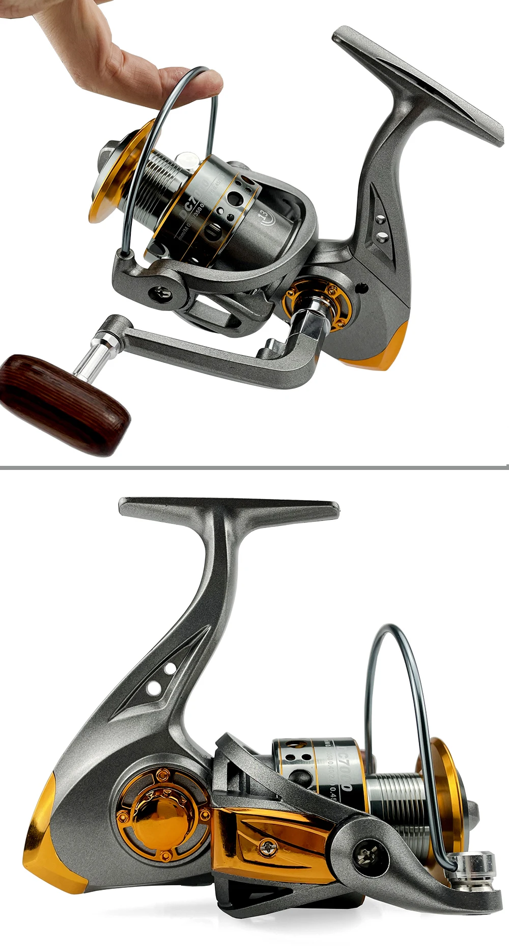 Un carrete de pesca, que es un dispositivo utilizado para enrollar el hilo de pescar en una caña de pescar. El carrete está diseñado con un carrete que sujeta el hilo, un mango para girar el carrete y un sistema de arrastre para controlar la tensión del hilo.