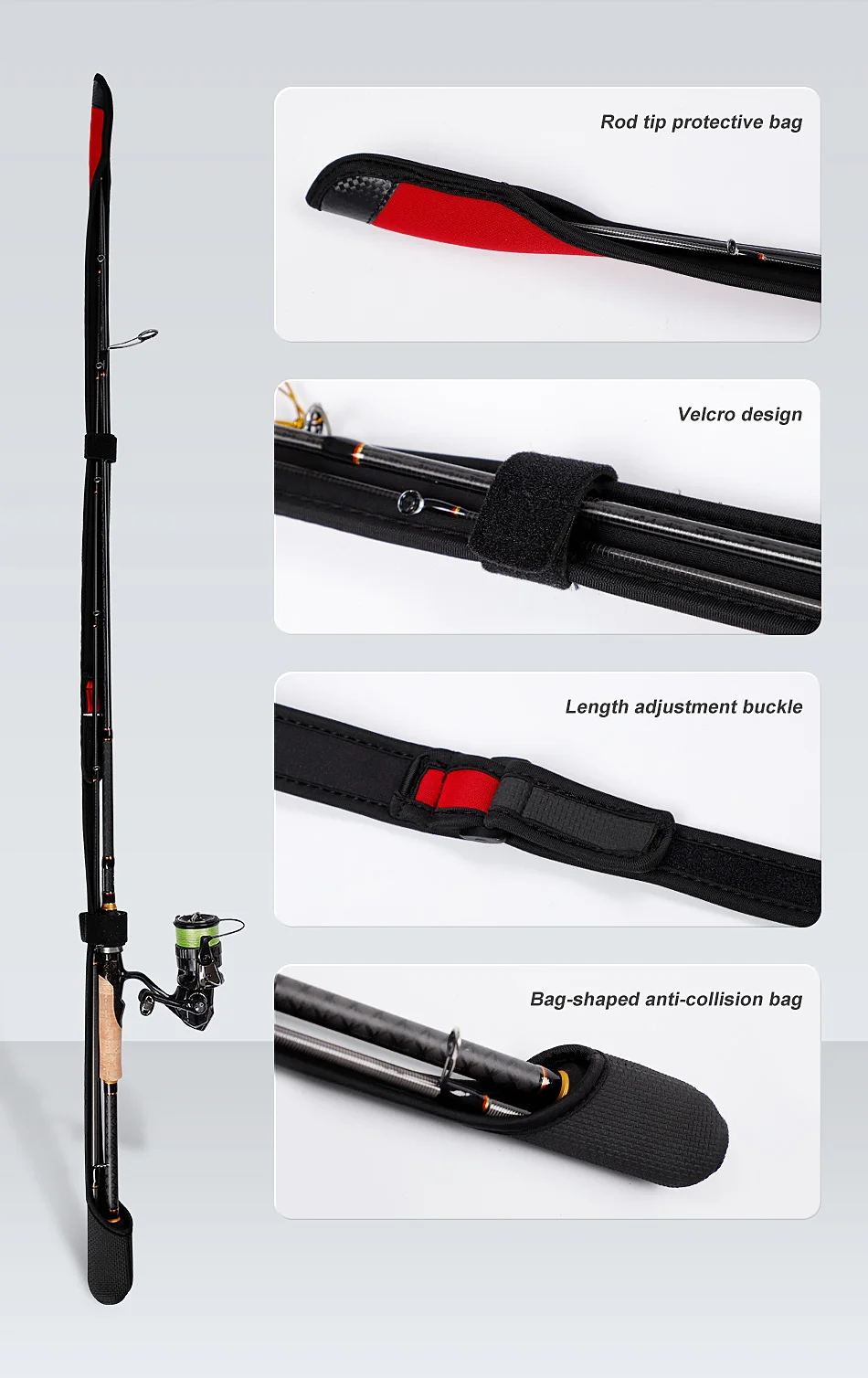 Esta caña de pescar presenta un diseño ergonómico duradero con una bolsa protectora para un fácil transporte y almacenamiento.