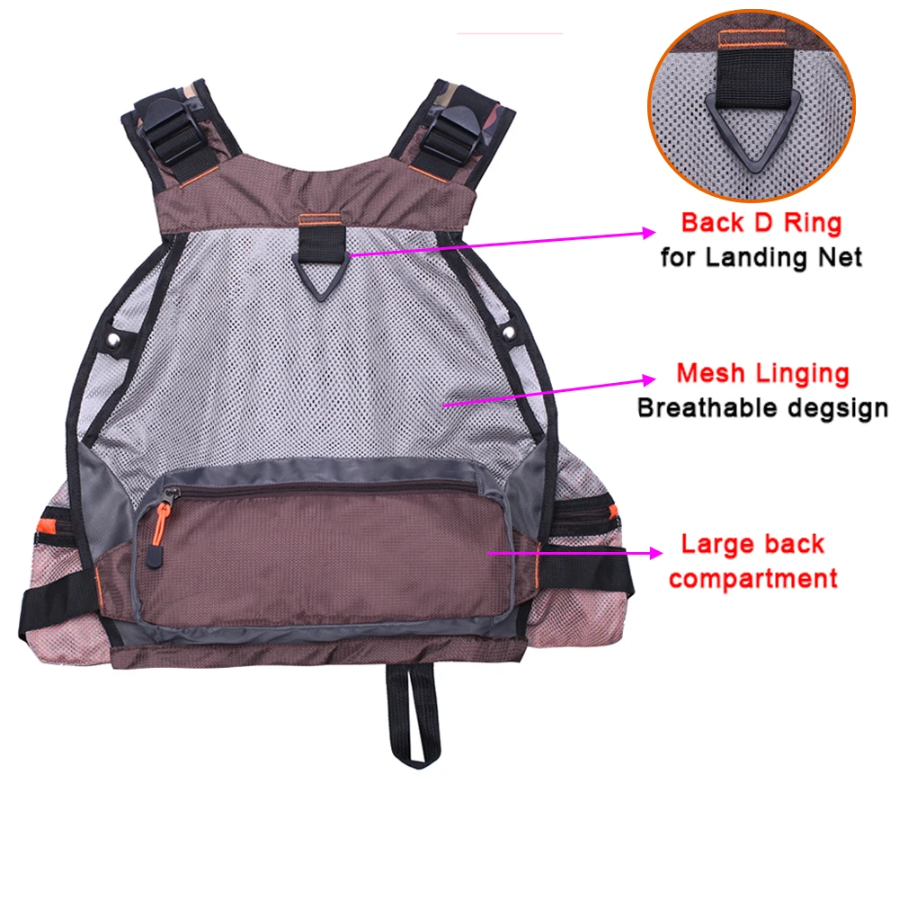Chaleco de pesca con mosca marrón, chaqueta de malla para actividades al aire libre, bolsillos multifunción, mochila ajustable para hombres y mujeres - imagen 2