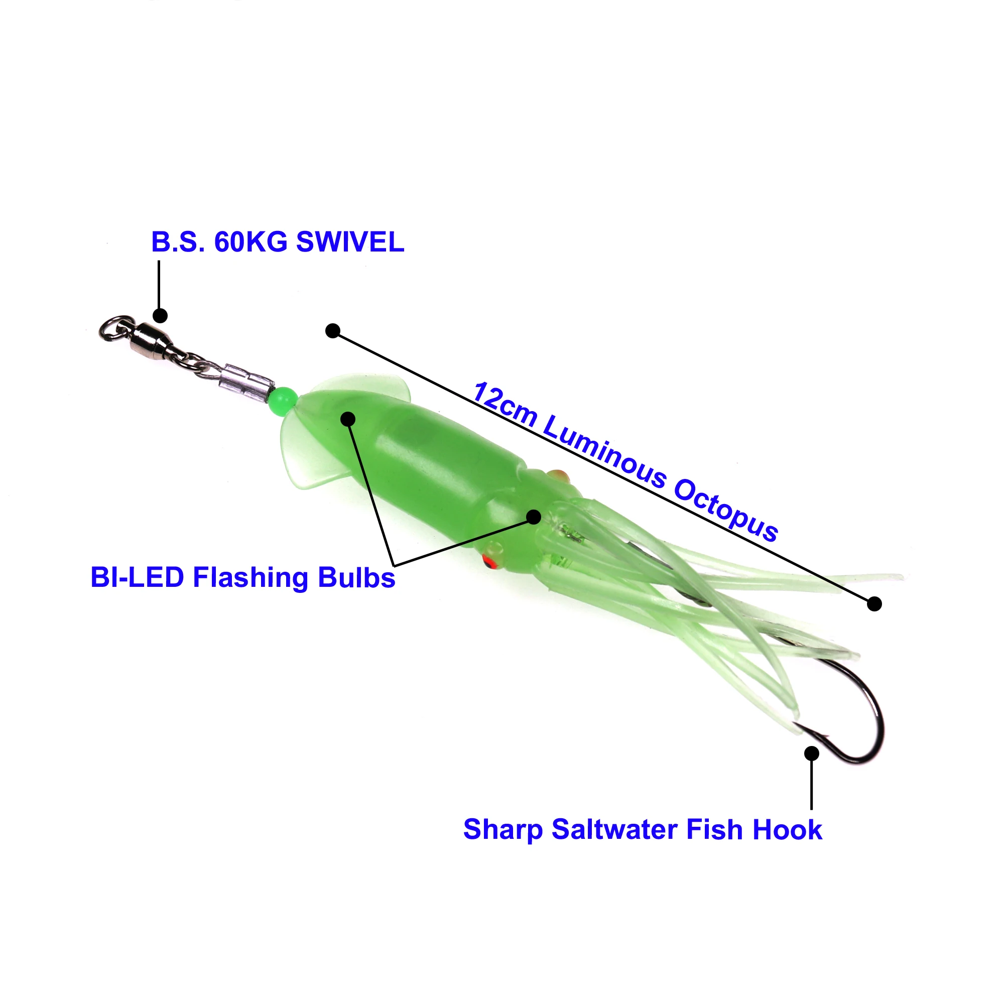 Bimoo-señuelo luminoso de calamar para pesca en agua salada, luz LED de doble tentación, cebo de Pesca de Mar suave con gancho, blanco, rojo, 1 unidad, 12cm - imagen 3