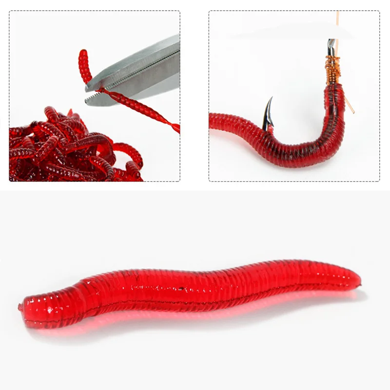 100 unids/lote de cebo biónico de silicona suave para gusanos rojos, señuelo de pesca de carpa y lubina, accesorios de aparejos Swimbait de goma Artificial - imagen 2