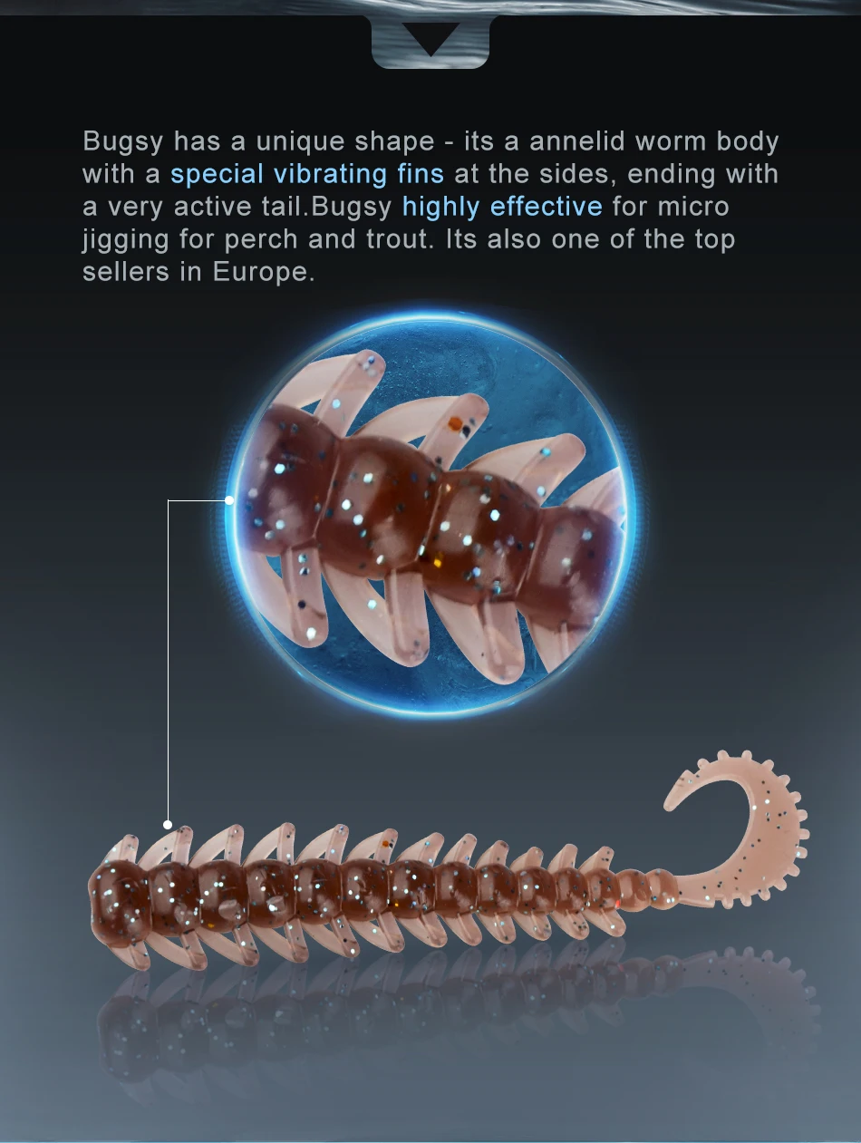 Detalle del swimbait insecto mostrando su diseño realista y textura de silicona