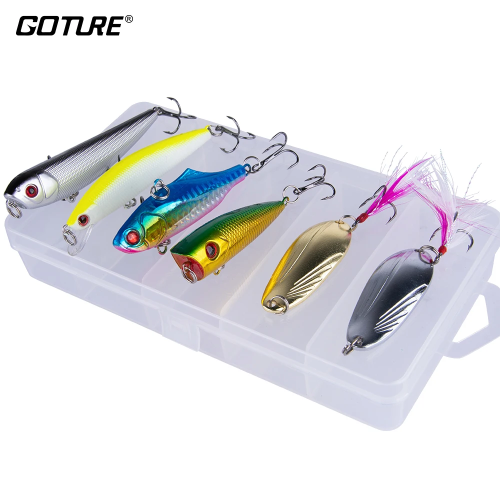 Goture-Juego de Señuelos de Pesca mixtos de 6 piezas, Wobblers, cebo Artificial duro, lápiz, Vib, cuchara giratoria con caja de aparejos de pesca - imagen 2