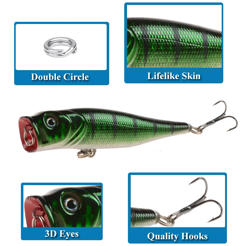 Señuelos de Pesca 8,5 cm 13,4g Topwater Popper, cebo duro de 6 colores, Wobblers artificiales, aparejos de pesca de plástico con ganchos 6 #