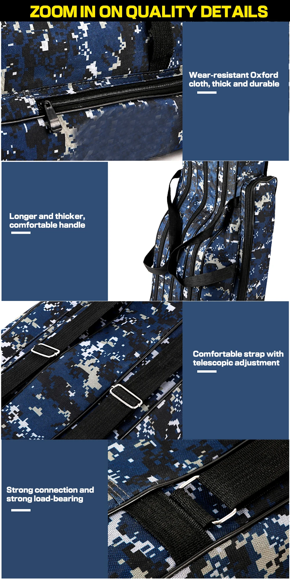 Un collage de detalles en primer plano de una mochila. La mochila presenta un patrón de camuflaje con tonos de azul, negro y blanco. Los detalles destacados incluyen:

1. Una tela Oxford resistente al desgaste, que se describe como gruesa y duradera.
2