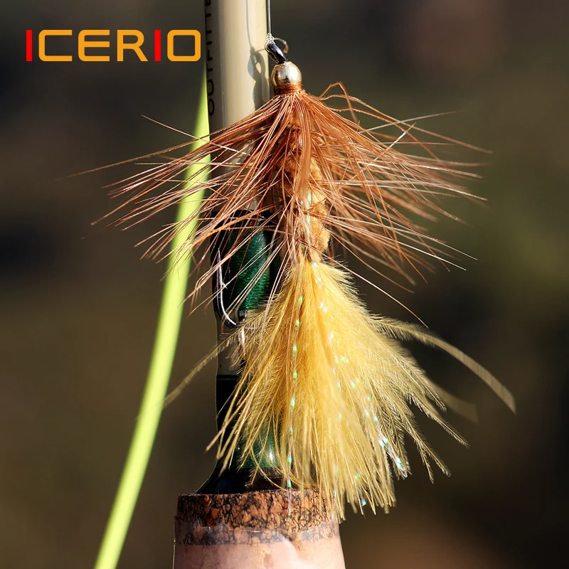 ICERIO-SEÑUELOS DE pesca con mosca, cabeza de cuentas de latón, anzuelo de atado de moscas de agua salada, trucha, cebo, 6 uds.