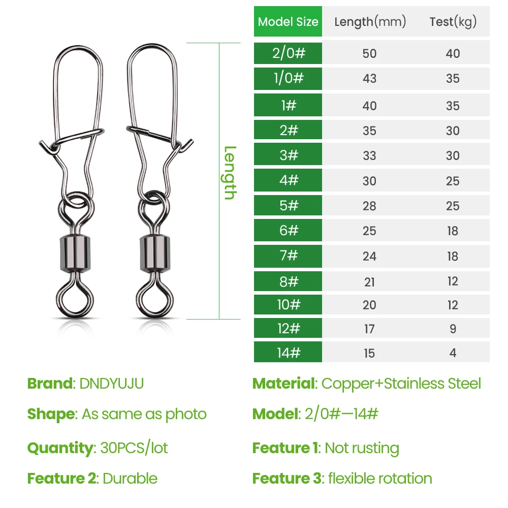 XIAOSHU-Pin de conector de pesca de acero inoxidable, rodamiento giratorio, alfileres a presión, accesorios de aparejos de pesca, 30 piezas, 1 #-12 # - imagen 5