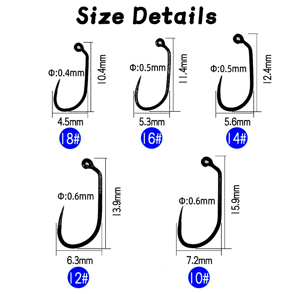 WIFREO 50 Uds. Anzuelos de pesca con mosca sin púas para atar moscas, anzuelos de pesca con mosca de níquel negro, anzuelos de plantilla húmedos, ninfa y Caddis Pupa # 10-18 - imagen 3